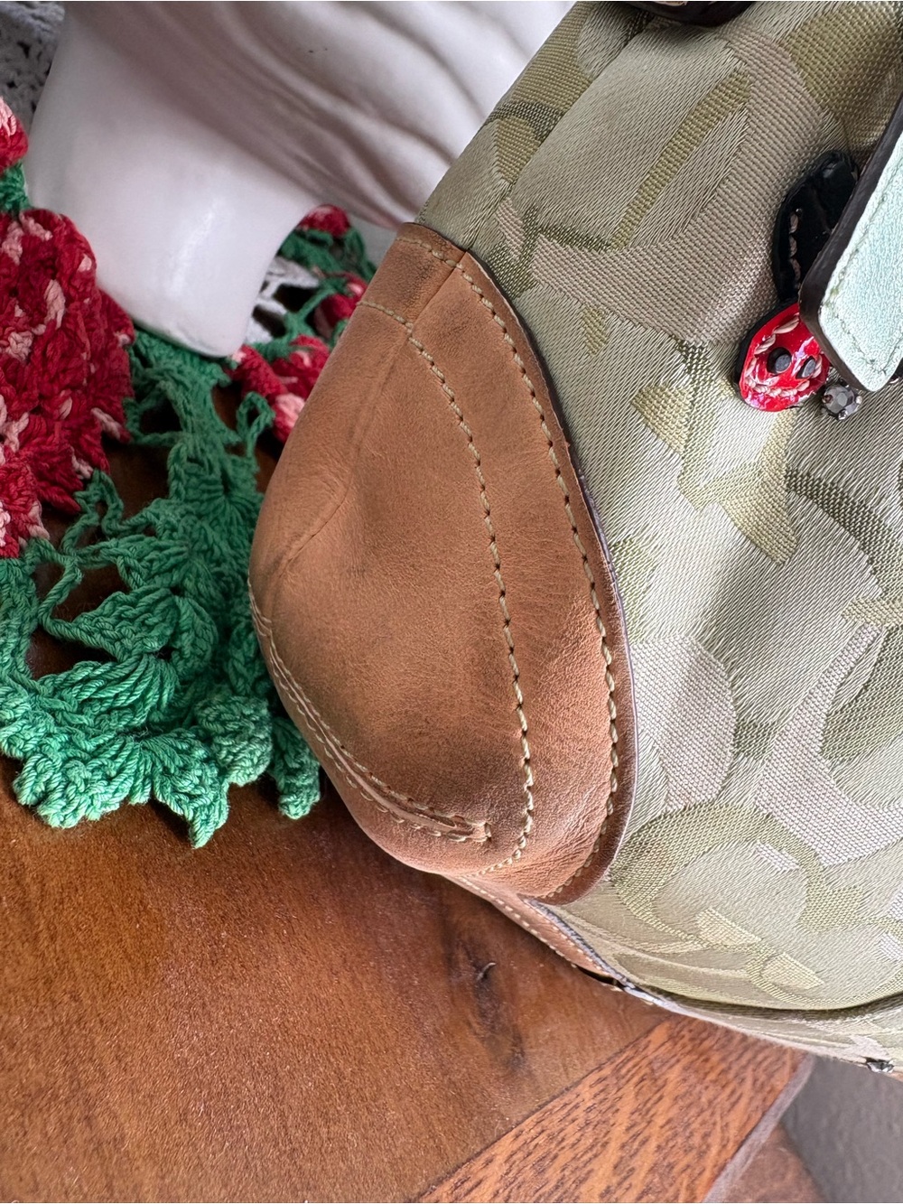 COACH Ladybug Shoulder Bag Green Canvas Leather Hobo Bag Signature 6723 - Picture 5 of 17